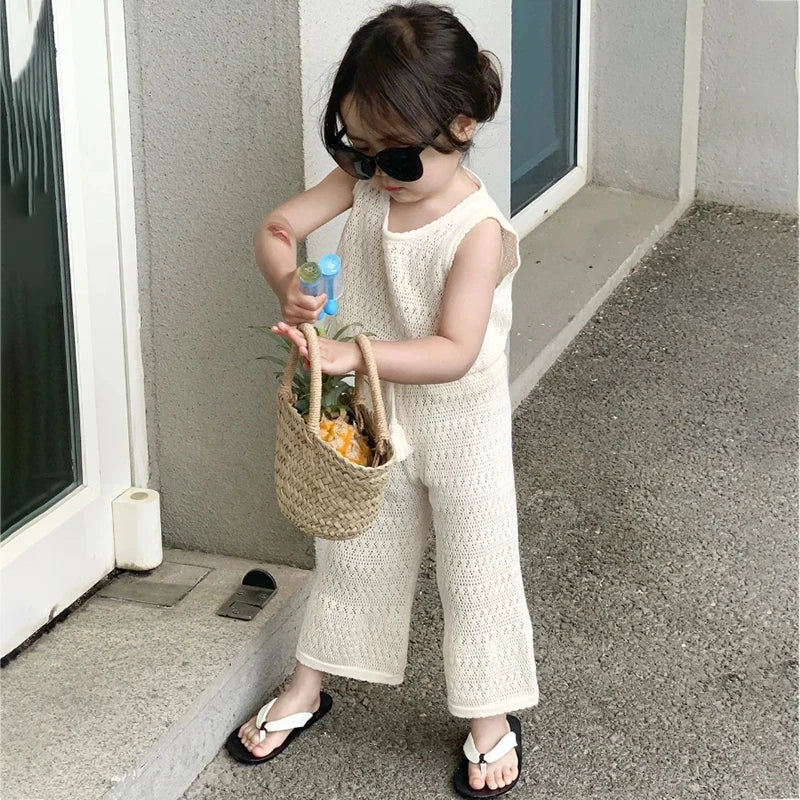 Girl's Clothing Sets 2023 Summer Korean Thin Knitted Girl Set Children Hollow Breathable Vest + Wide Leg Pants Two-piece Suit - TiniLoom