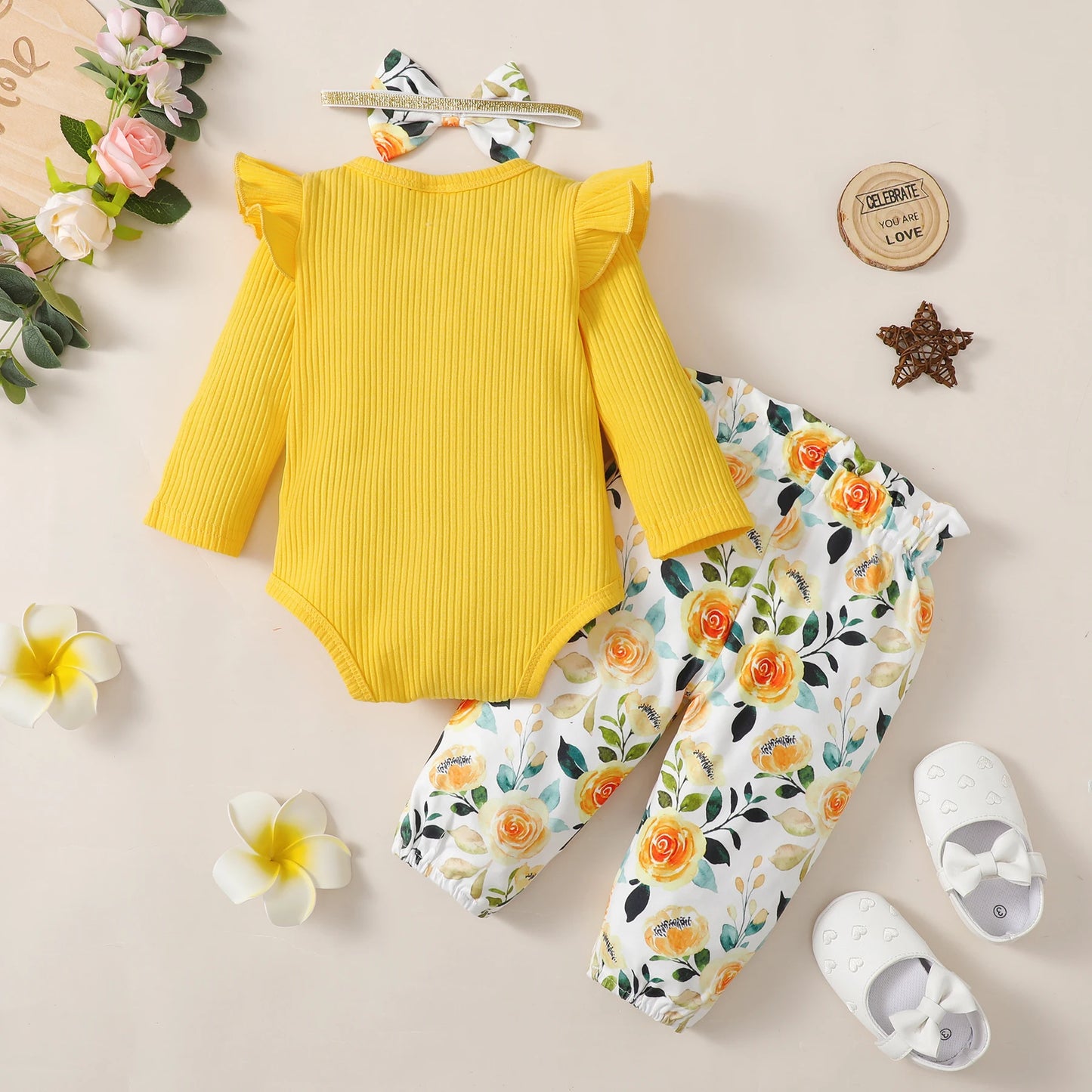 3PCS Baby Girl Clothes Set Long Sleeve Romper Top+Flowers Pant+Headband Spring&Autumn Lovely Outfit for Toddler Girl 0-18 Months - TiniLoom