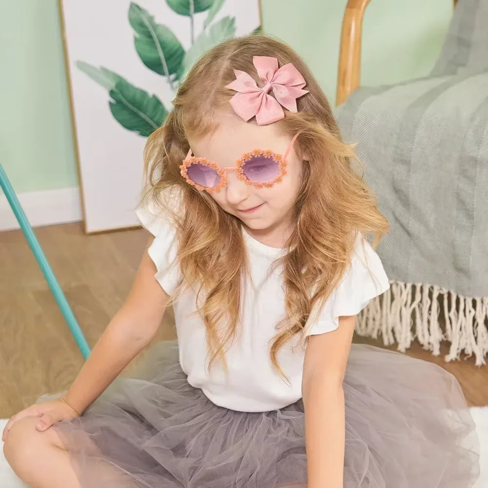 3Pcs/set Cheer Bow Hairclips Retro Flower Sunglasses for Kids Printing Handmade Hairgripes Girls Headwear Glasses Accessories - TiniLoom
