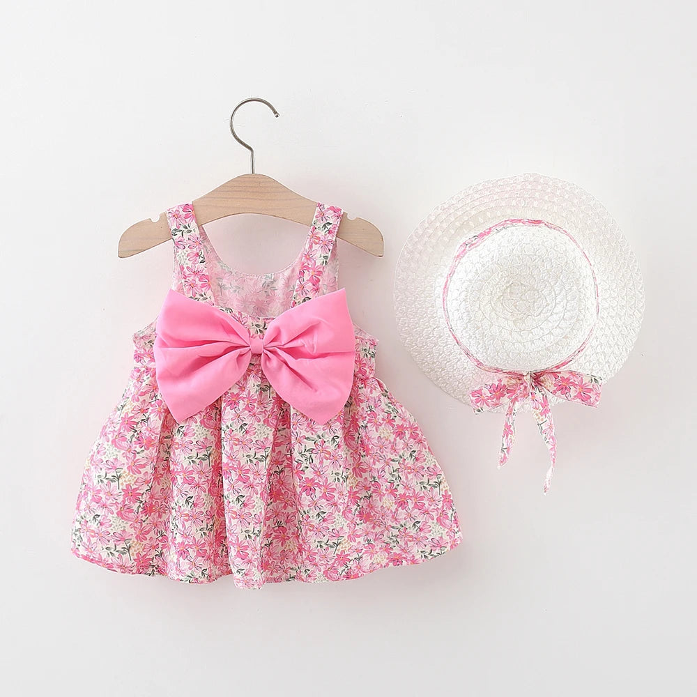 Summer 2-Piece Baby Dress+Sun Hat Bow Strap Floral Baby Girl Dress Soft And Comfortable Children'S Clothing - TiniLoom