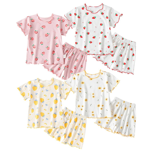 Girls Summer Pajama Sets Stylish Cartoon Pattern Printing Short Sleeve Top and Pants Made from Luxurious Cozy Ice Silk Material - TiniLoom