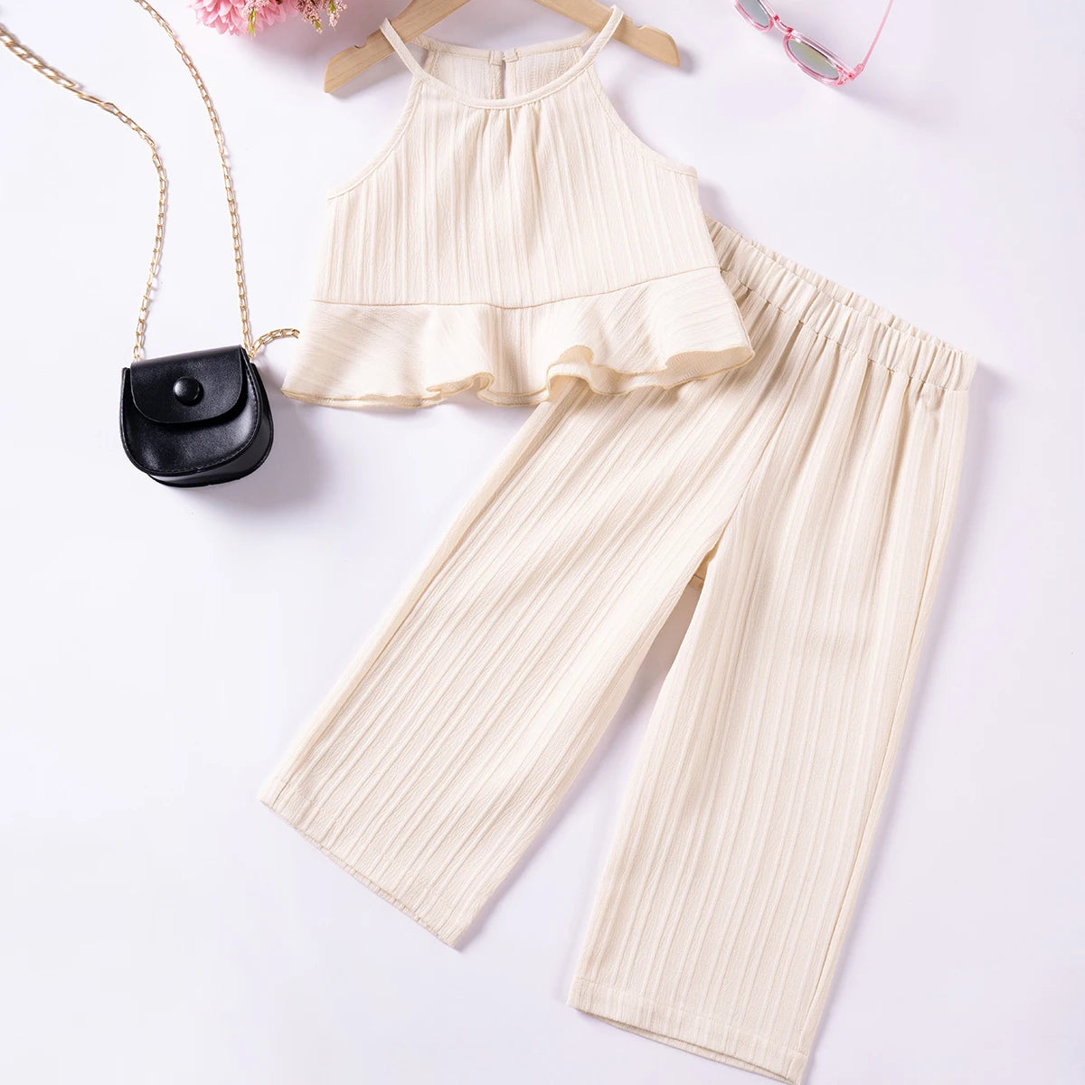 Girls Solid Color Suspenders Summer Suspenders Ruffles + Wide Leg Pants 2 Pieces Dress Set White Cute Elegant Baby Clothes - TiniLoom