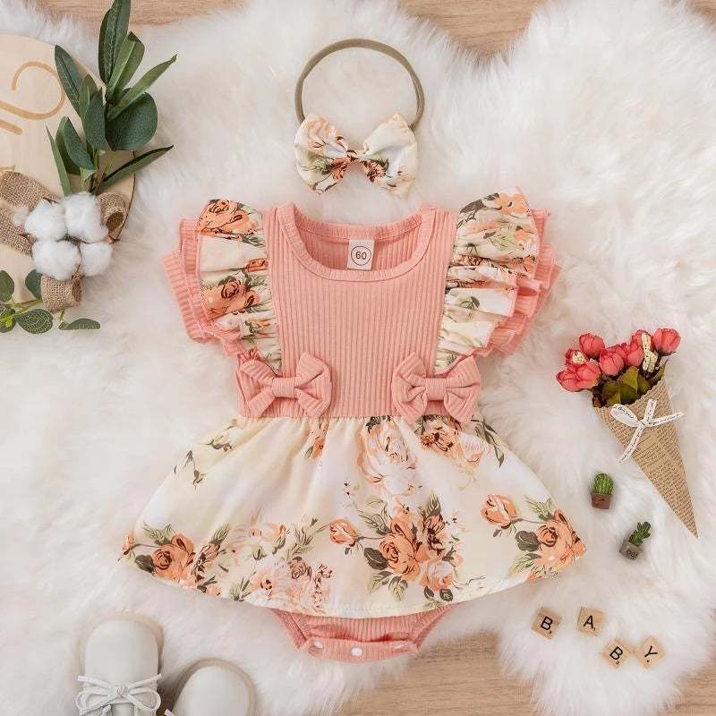 Summer Baby Girl Dress With Bowknot Striped Jumpsuit Cotton Dress For Newborn Floral Clothes Baby Crawling Clothes - TiniLoom