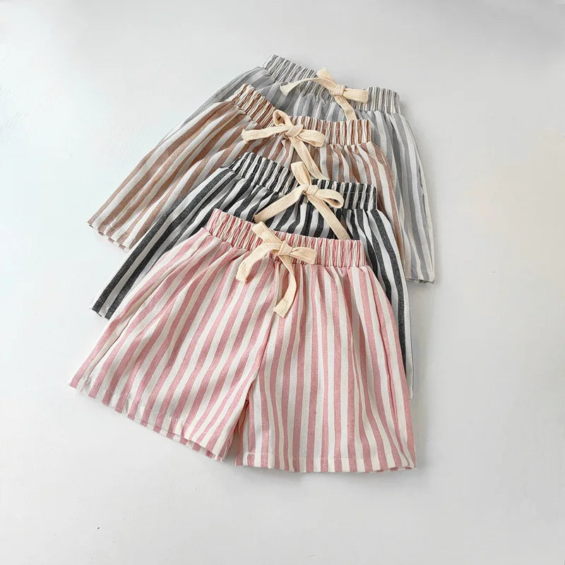 Vintage Linen Cotton Stripe Shorts for Boys Summer Toddler Kids Girls Half Pants Casual Children's Clothing - TiniLoom