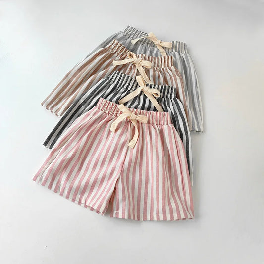 Vintage Linen Cotton Stripe Shorts for Boys Summer Toddler Kids Girls Half Pants Casual Children's Clothing - TiniLoom