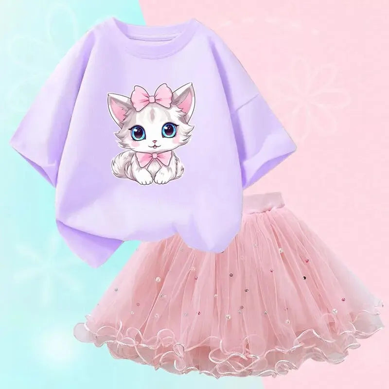 Cute Summer Girls Outfits Cartoon Cat T-shirt and Tutu Skirt 2pc/Set Girl Princess Clothes Suit Children Birthday Clothing - TiniLoom