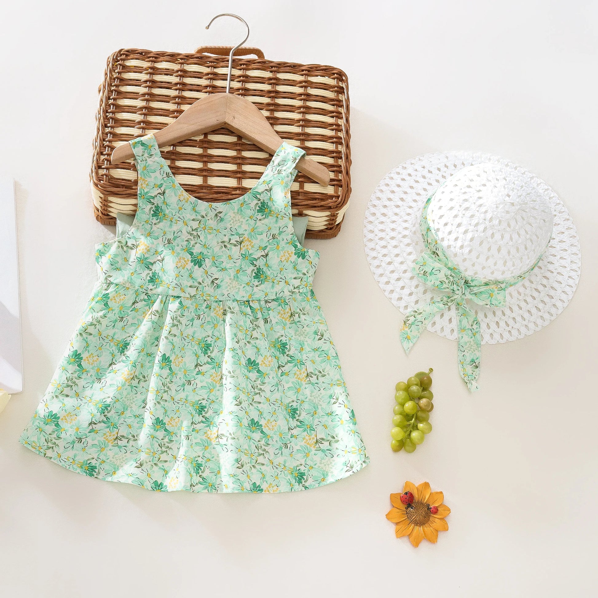 Summer 2-Piece Baby Dress+Sun Hat Bow Strap Floral Baby Girl Dress Soft And Comfortable Children'S Clothing - TiniLoom