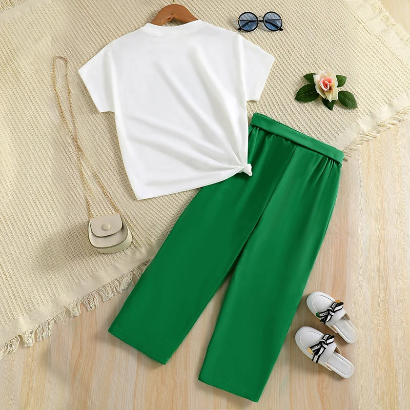 2pcs Girl Fashion Minimalist Cartoon Print Breathable round Neck Knit Top Summer Thin Wide Leg Pants Set - TiniLoom