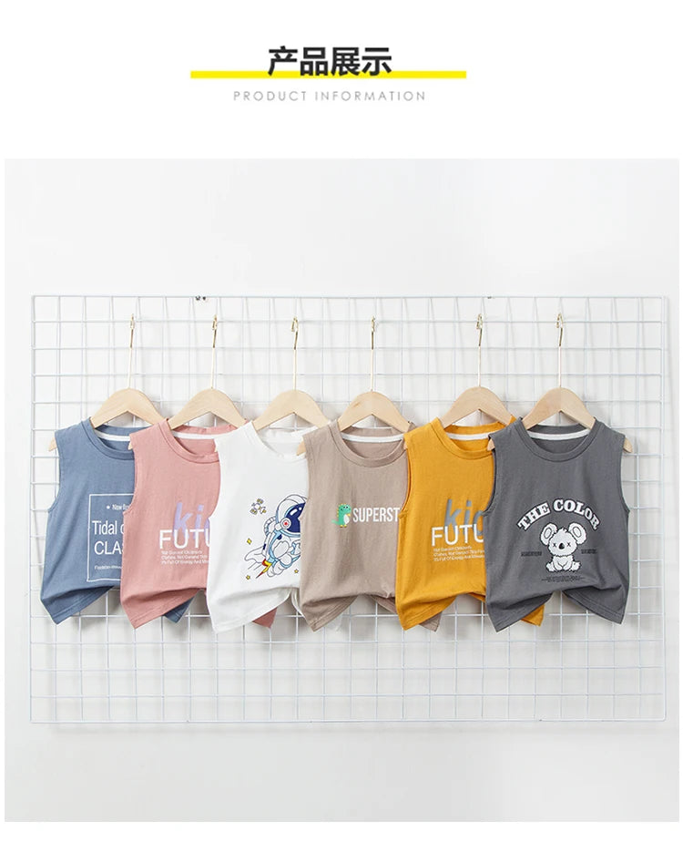 Children's Summer T-shirts Boys Girls Vests Sleeveless Cartoon Tee Tops 100% Cotton Comfortable Kids T-shirt Clothes Fashion New - TiniLoom