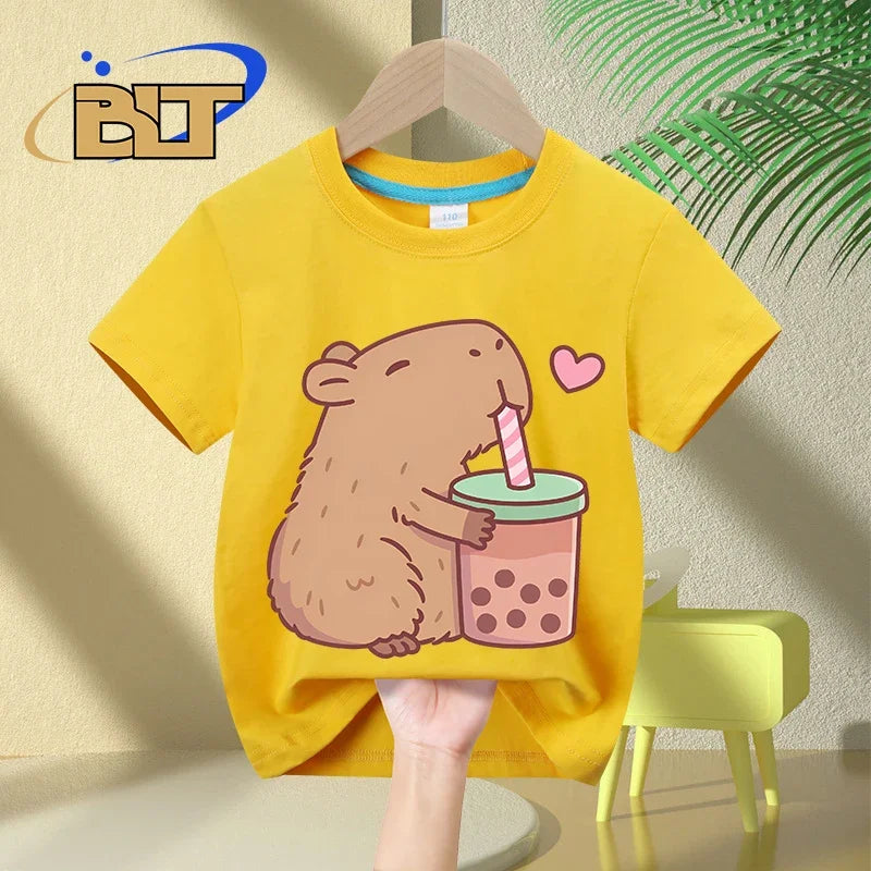Cute Capybara Loves Bubble Tea print kids T-Shirt summer children's short-sleeved casual tops boys and girls gifts - TiniLoom