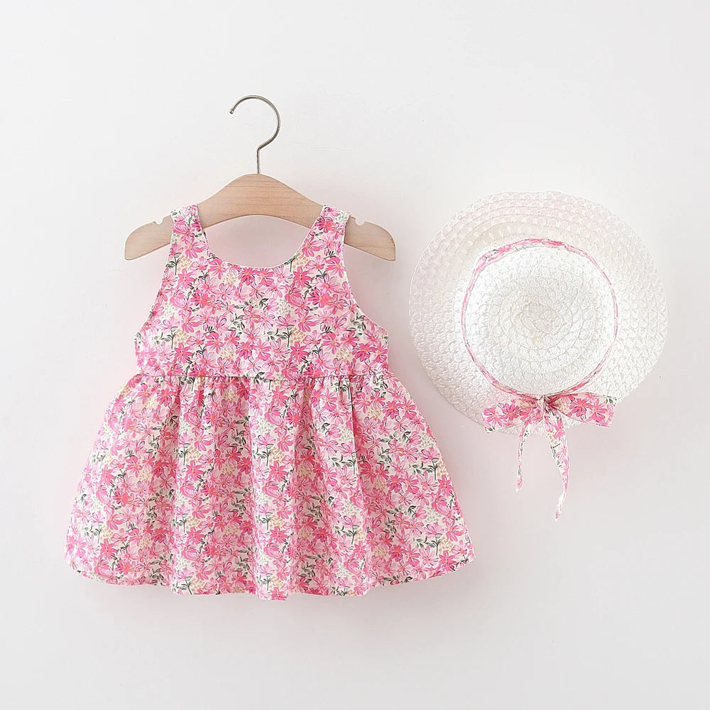 Summer 2-Piece Baby Dress+Sun Hat Bow Strap Floral Baby Girl Dress Soft And Comfortable Children'S Clothing - TiniLoom