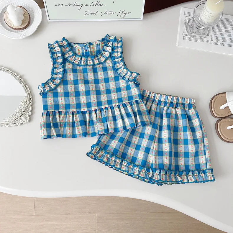 Children's Clothing Sets Blue Plaid Floral Print Sleeveless Top + Wide Leg Pants + Shorts 3 Pcs Sets Kids Clothes for Girls - TiniLoom