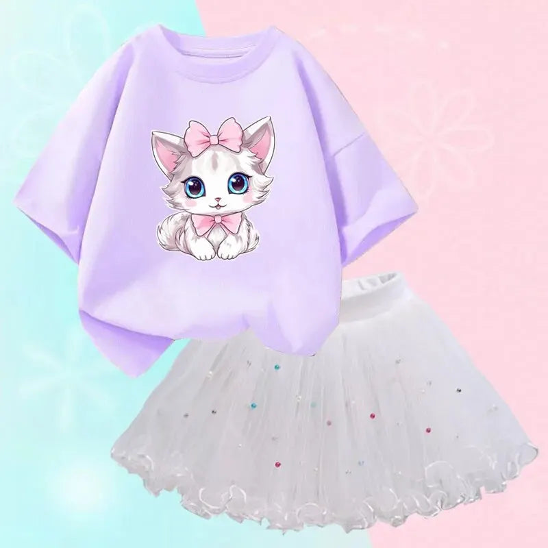 Cute Summer Girls Outfits Cartoon Cat T-shirt and Tutu Skirt 2pc/Set Girl Princess Clothes Suit Children Birthday Clothing - TiniLoom