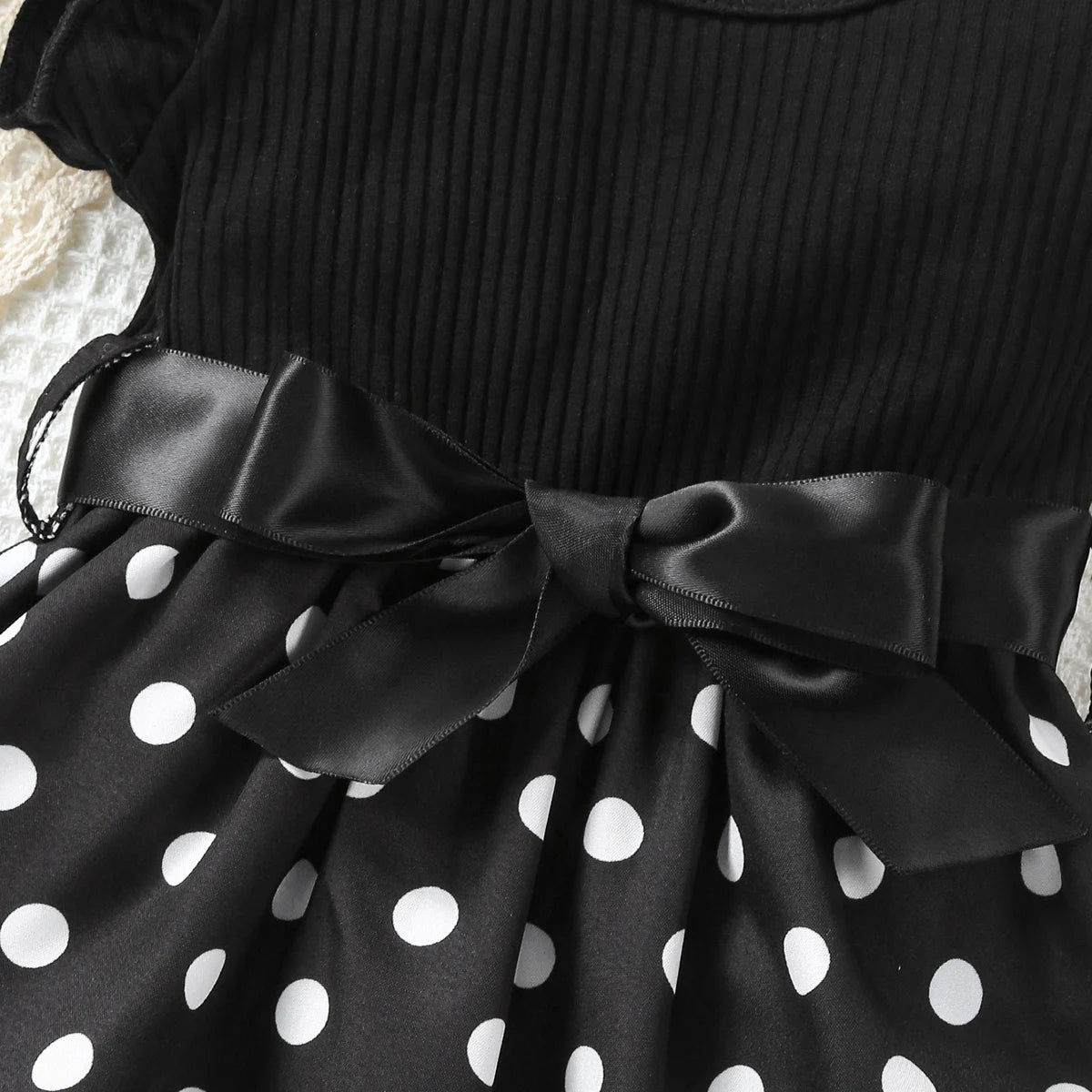 Baby Girl Butterfly and Plant Polka Dot Print Ruffle Sleeve Belt Dress + Ribbon - TiniLoom