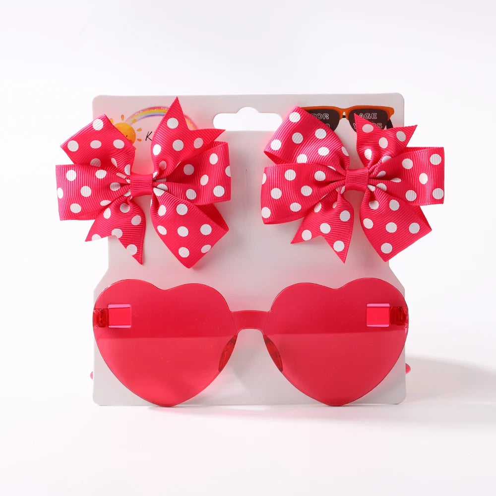 3Pcs/Pack Solid Dot Hair Bows Clip Girls Boutique Bowknot Hair Clips Kids Colorful Heart Sun Glasses Children Hair Accessories - TiniLoom