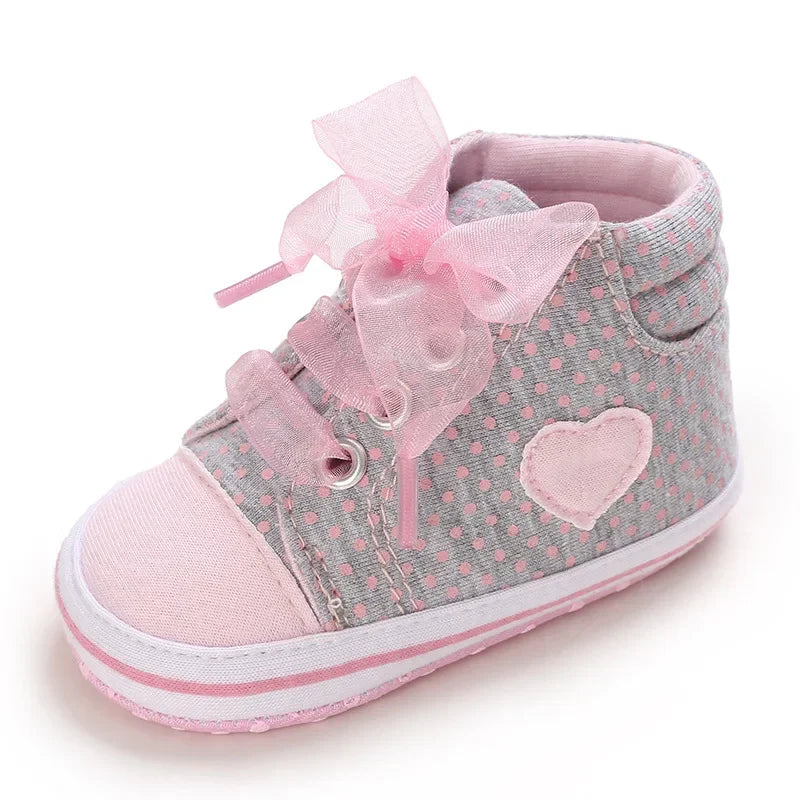 Best-selling Newborn Baby Infant Wearable Toddler Girls Canvas Shoes Heart Bow Tie Baby Lace Casual Shoes Anti-slip Soft Cotton - TiniLoom