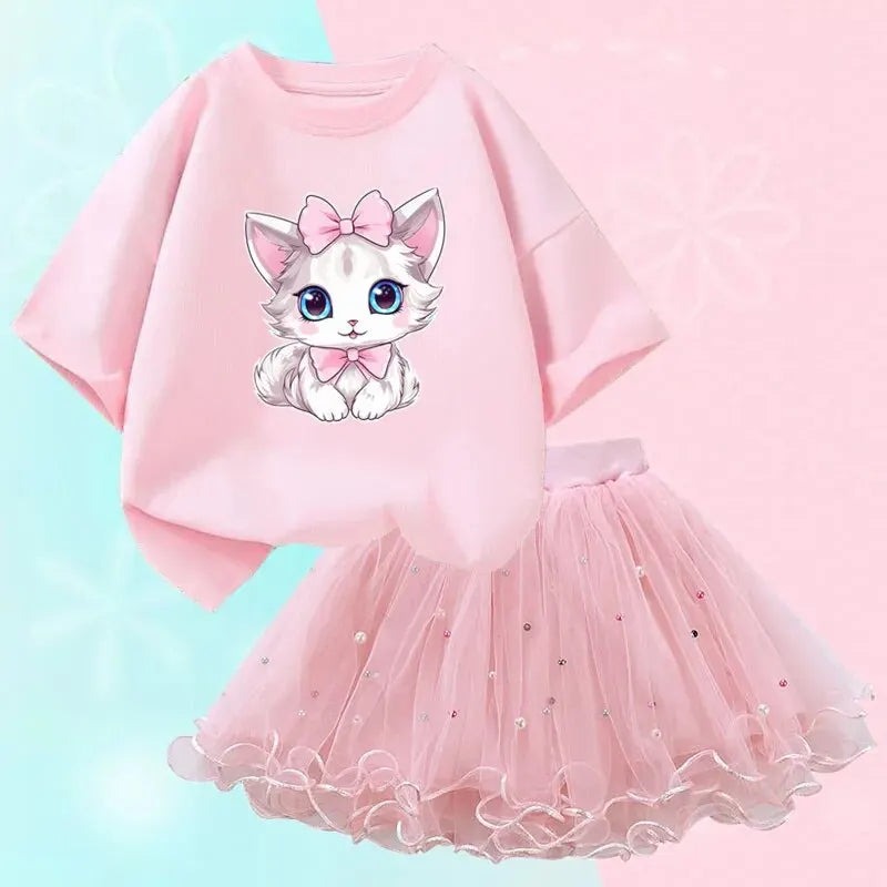 Cute Summer Girls Outfits Cartoon Cat T-shirt and Tutu Skirt 2pc/Set Girl Princess Clothes Suit Children Birthday Clothing - TiniLoom