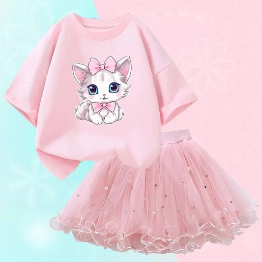 Cute Summer Girls Outfits Cartoon Cat T-shirt and Tutu Skirt 2pc/Set Girl Princess Clothes Suit Children Birthday Clothing - TiniLoom
