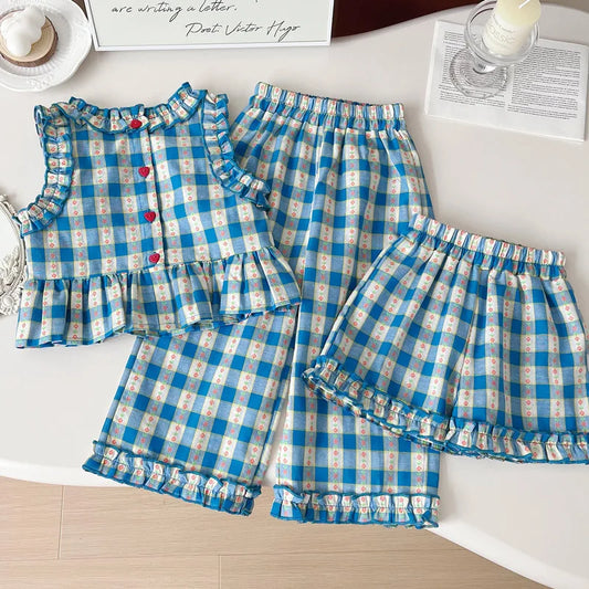 Children's Clothing Sets Blue Plaid Floral Print Sleeveless Top + Wide Leg Pants + Shorts 3 Pcs Sets Kids Clothes for Girls - TiniLoom