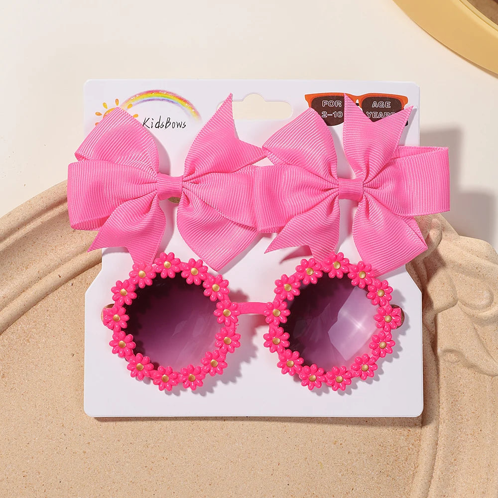 3Pcs/set Cheer Bow Hairclips Retro Flower Sunglasses for Kids Printing Handmade Hairgripes Girls Headwear Glasses Accessories - TiniLoom