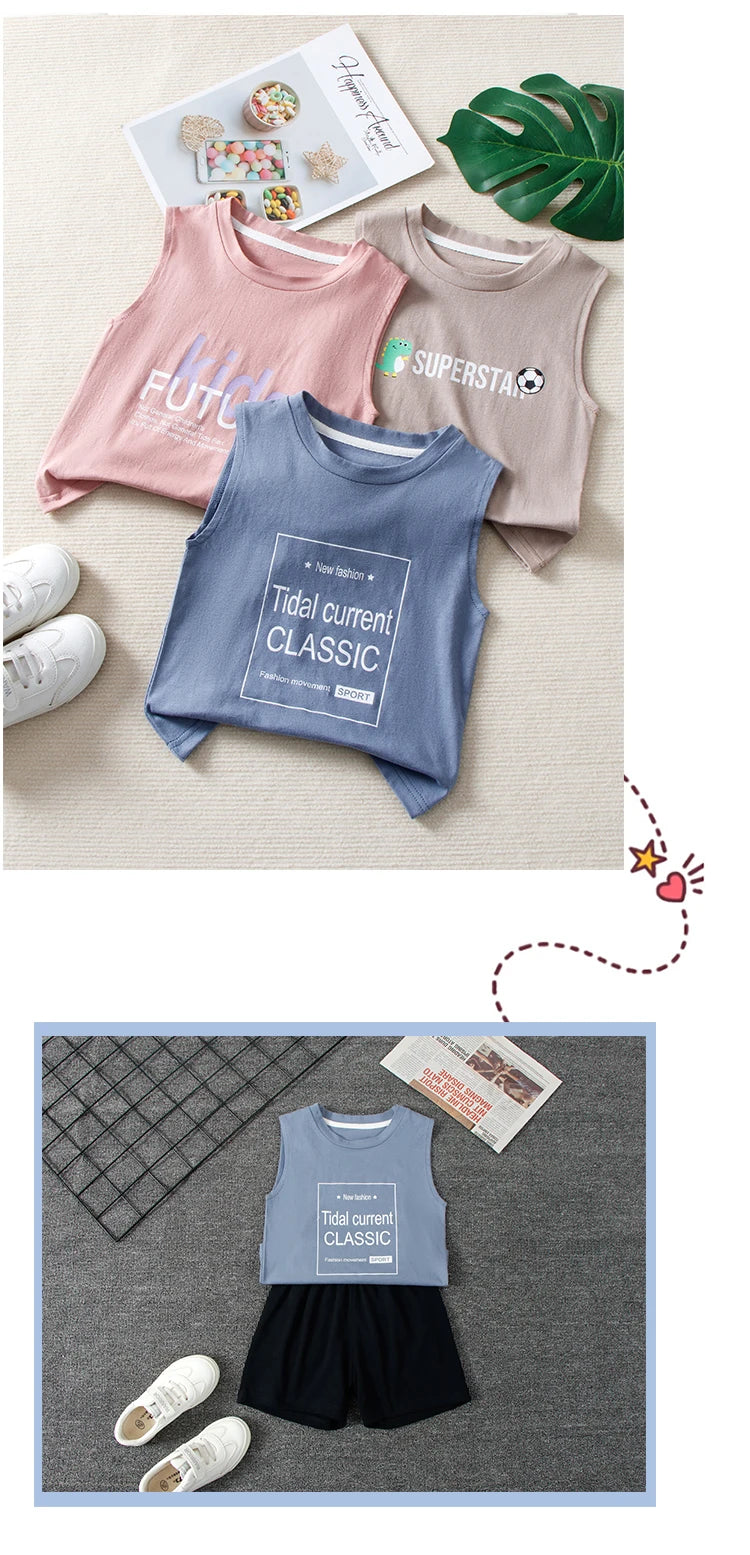Children's Summer T-shirts Boys Girls Vests Sleeveless Cartoon Tee Tops 100% Cotton Comfortable Kids T-shirt Clothes Fashion New - TiniLoom
