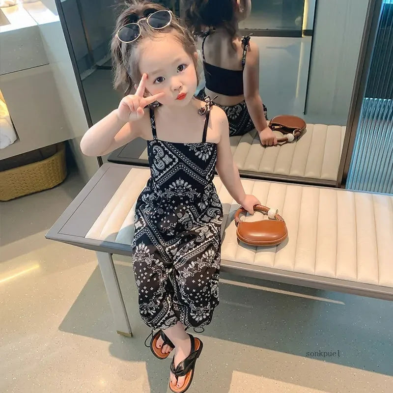 3-6Years Summer Suit Thin Girls Suit Suspender Mosquito-proof Pants Two Pieces of Cute Girl Children's Clothes - TiniLoom