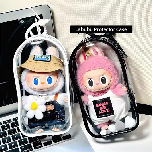 For Labubu V2 Transparent Colorful Protector Case Doll Accessories Organizer Box Plush Doll Display Bag Outdoor with Keychain - TiniLoom