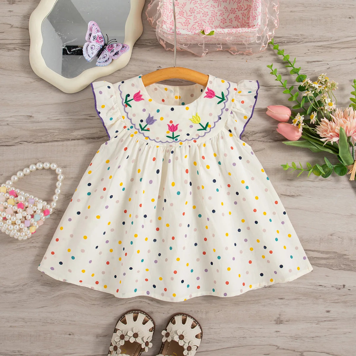 Baby Girl Dress Summer Colorful Polka Dot Flower Embroidery Girls Princess Dress Cute Girls Beach Dresses - TiniLoom