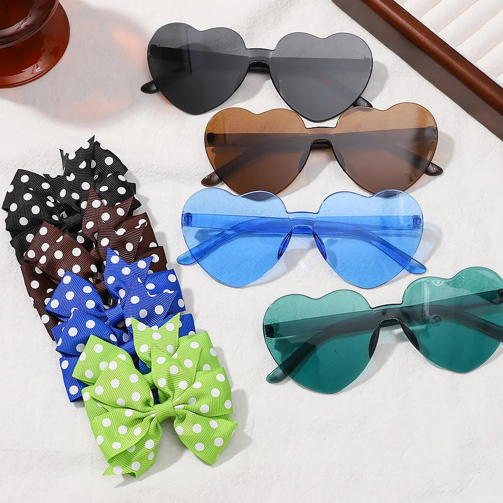 3Pcs/Pack Solid Dot Hair Bows Clip Girls Boutique Bowknot Hair Clips Kids Colorful Heart Sun Glasses Children Hair Accessories - TiniLoom
