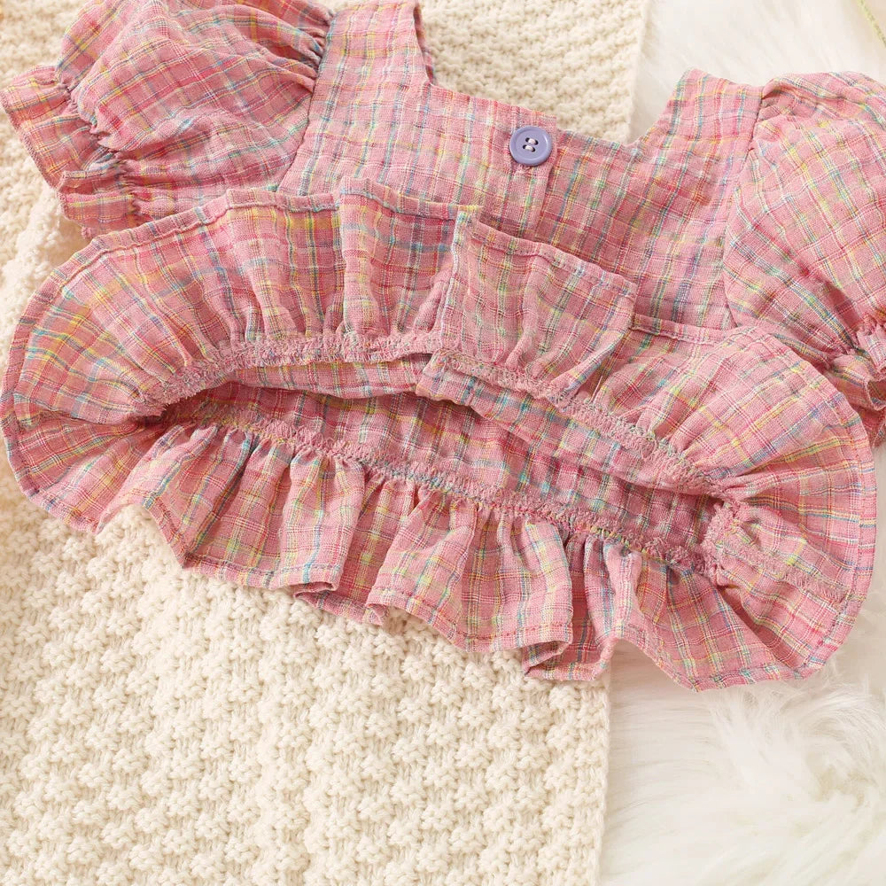 (0-3 Years Old) Summer Baby Girl Cotton Colored Plaid Bubble Sleeve Top and Shorts Set Cute Princess Style Girl Two-piece Set - TiniLoom