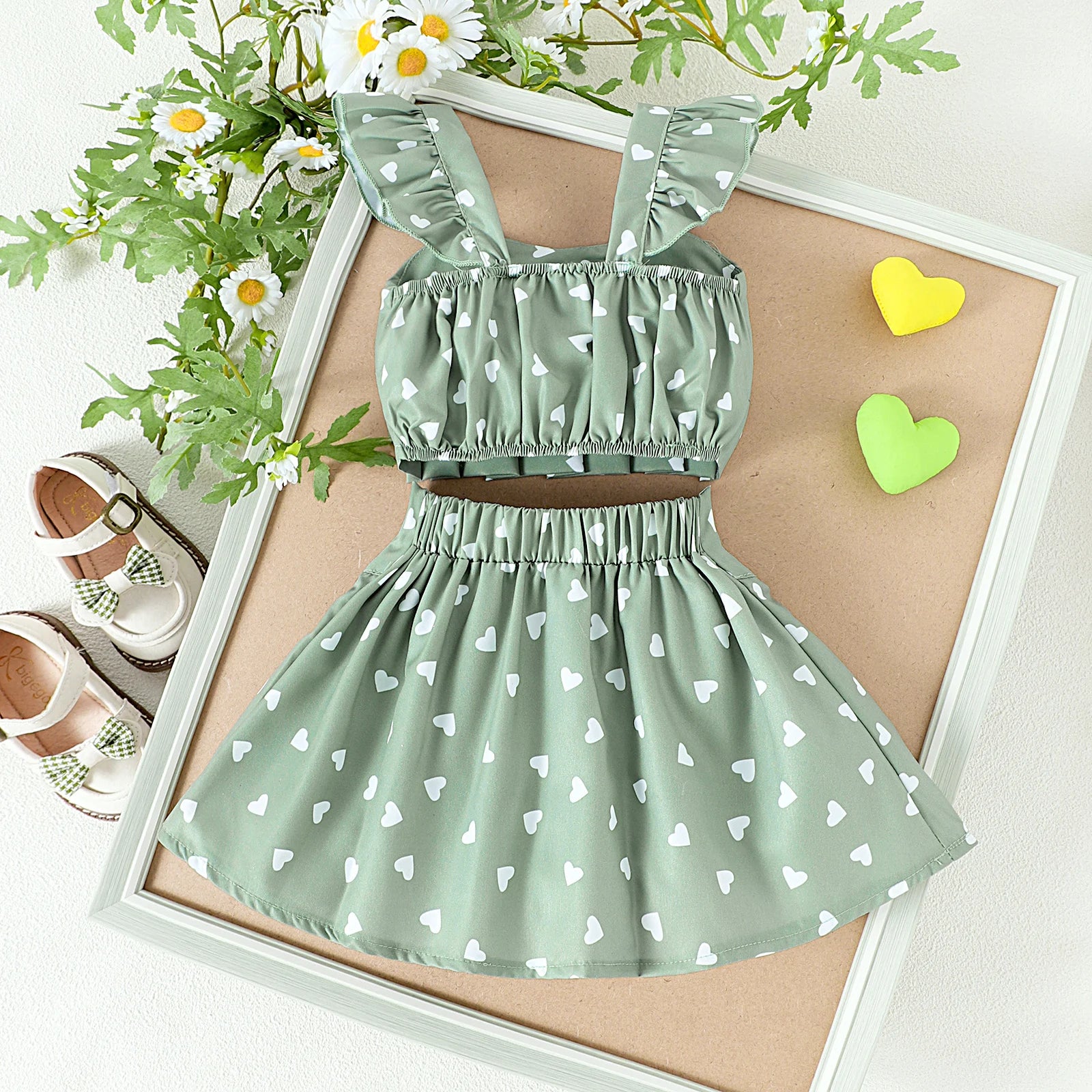2PCS  Summer New Style Girls 1-4 Years Old Comfortable Sweet Cherry Love Pattern Top + Short Skirt Set - TiniLoom