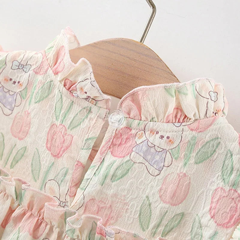 Summer Hardwear Girl Dress Tulip Cartoon Rabbit Print Small Flying Sleeves Flower Neck Bow Ribbon Tulip Flower Pattern - TiniLoom