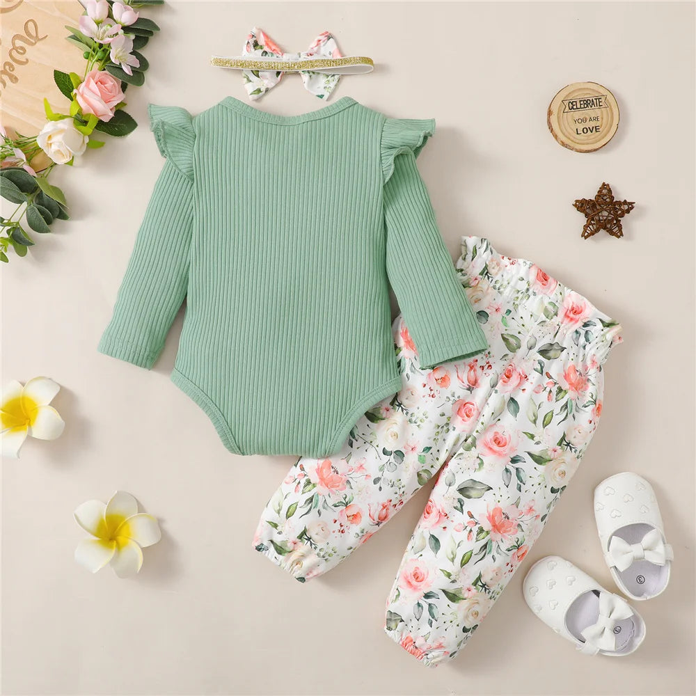 3PCS Baby Girl Clothes Set Long Sleeve Romper Top+Flowers Pant+Headband Spring&Autumn Lovely Outfit for Toddler Girl 0-18 Months - TiniLoom