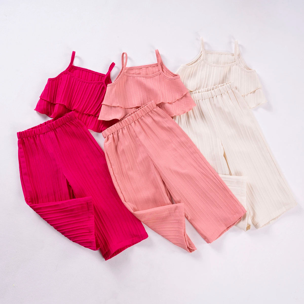 Girls Solid Color Suspenders Summer Suspenders Ruffles + Wide Leg Pants 2 Pieces Dress Set White Cute Elegant Baby Clothes - TiniLoom