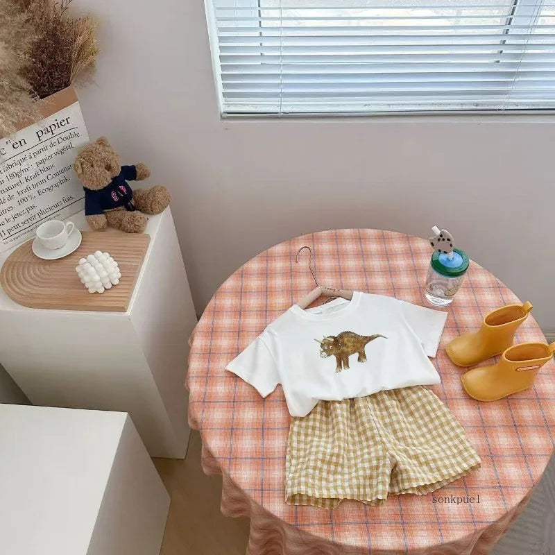 2Pcs Baby Clothes Set Newborn Boys Casual Dinosaur Print Short Sleeved T-shirt+plaid Shorts Toddler Girl Summer Kids Outfit Set - TiniLoom