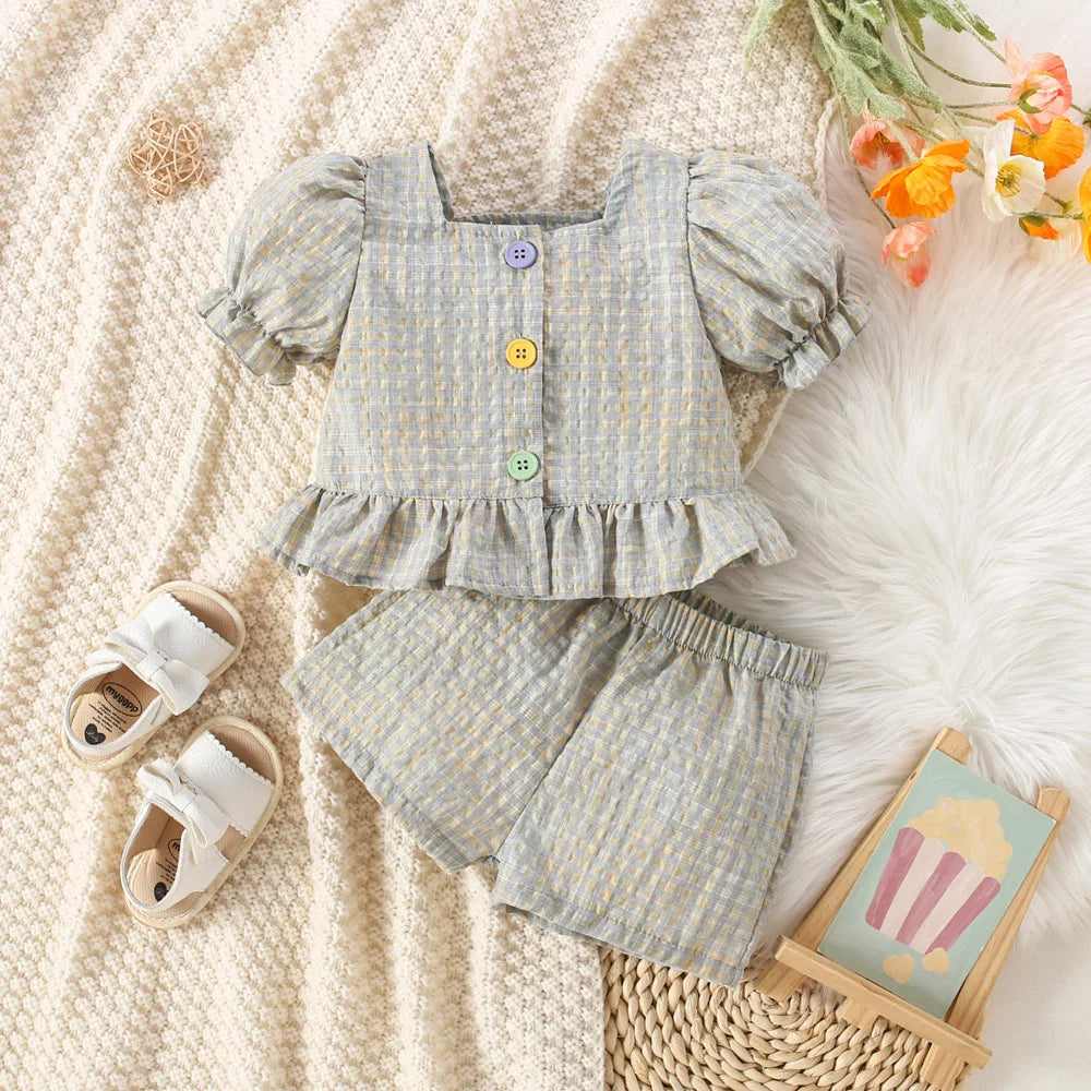(0-3 Years Old) Summer Baby Girl Cotton Colored Plaid Bubble Sleeve Top and Shorts Set Cute Princess Style Girl Two-piece Set - TiniLoom