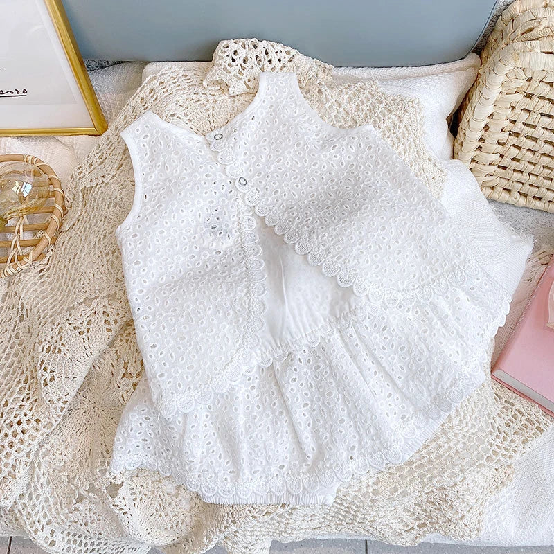 Girls 2024 Summer Clothing Sets Hollow Lace Suit Baby Casual Sleeveless T-shirt+Shorts Kids Clothing Sets Baby Clothes Outfits - TiniLoom