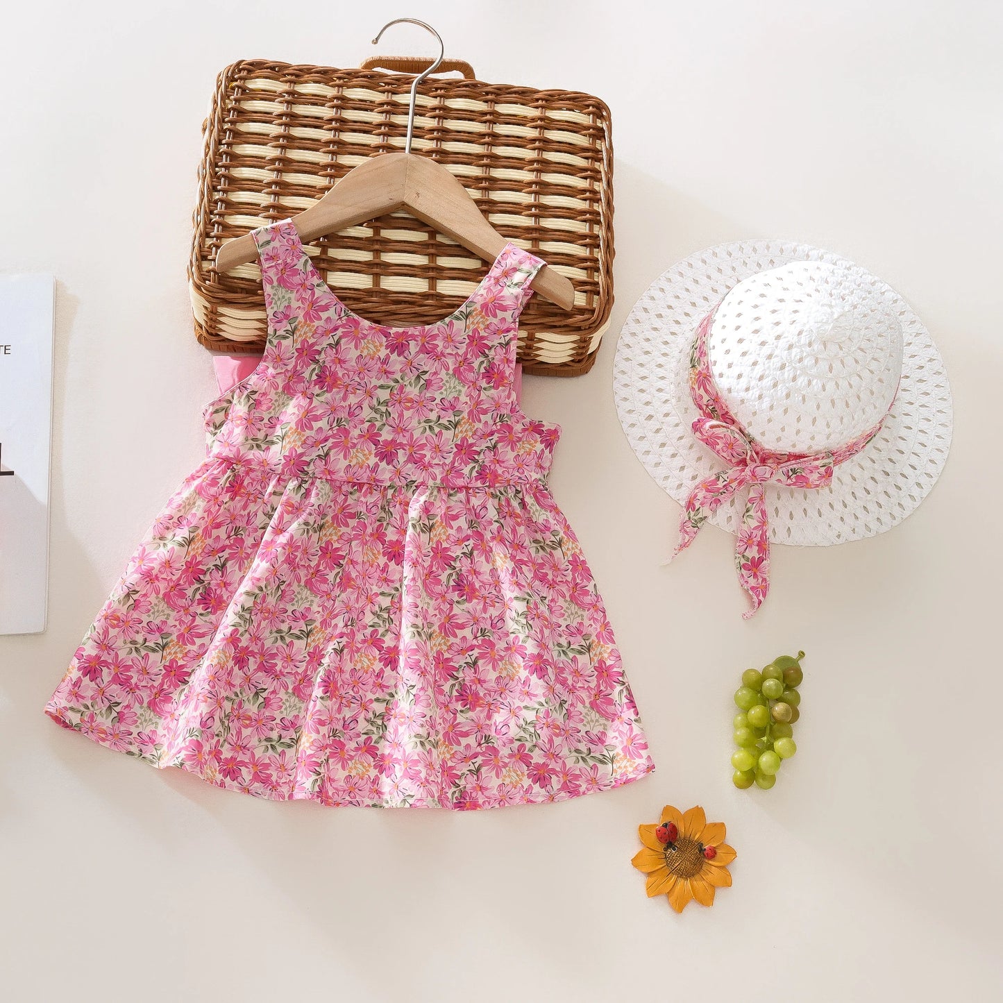 Summer 2-Piece Baby Dress+Sun Hat Bow Strap Floral Baby Girl Dress Soft And Comfortable Children'S Clothing - TiniLoom
