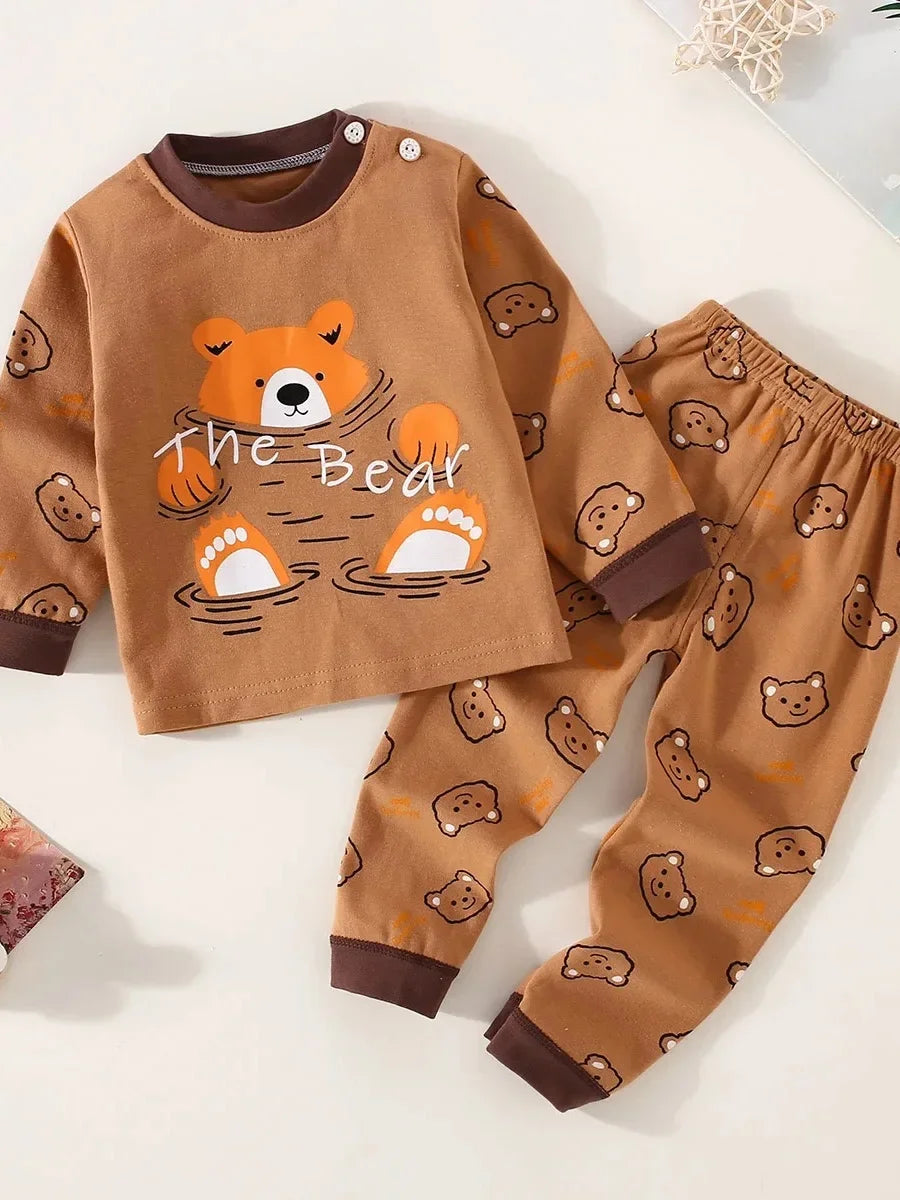 Toddler Boys Underwear Set Cotton Lettering And Bear Pattern Long Sleeve Top And Matching Pants Pajama Set - TiniLoom