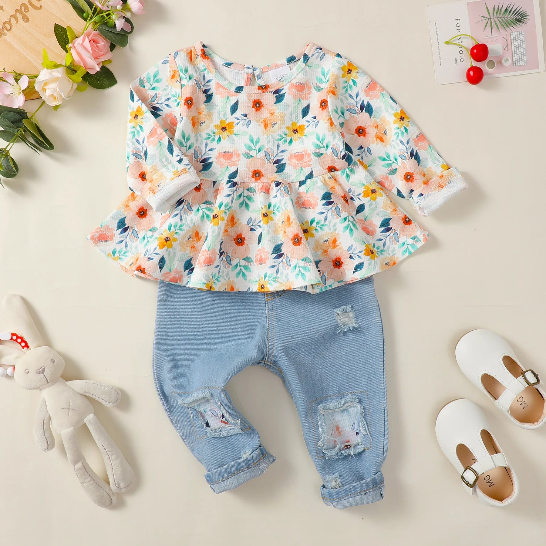 1-4 Years Kids Girls Suit Long Sleeve Flower Ruffle Tops+Elastic Waist Denim Pants 2pcs Set Toddler Girl Clothes Spring Outfit - TiniLoom