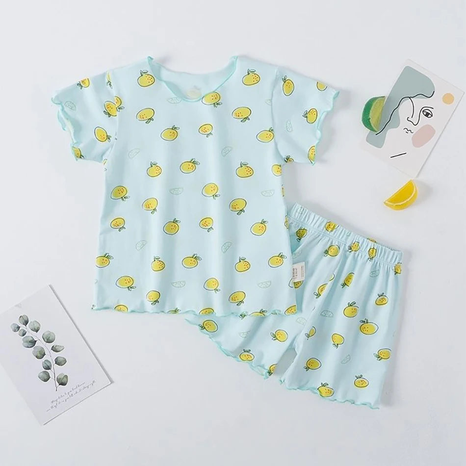 Girls Summer Pajama Sets Stylish Cartoon Pattern Printing Short Sleeve Top and Pants Made from Luxurious Cozy Ice Silk Material - TiniLoom