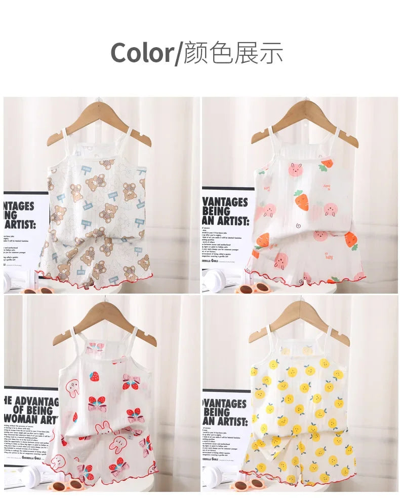 2024 New Kids Tops+shorts Set Summer Thin Baby Cotton Vest Sleeveless Loungewear Set for Girls Suit - TiniLoom