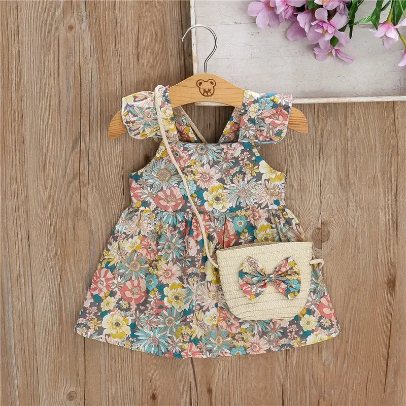 (Girls 0-3 years old)New Summer Girls Dress Halter Small Flying Sleeve Ruffled Flowers Full Print + Crossbody Bag A-line Dress - TiniLoom