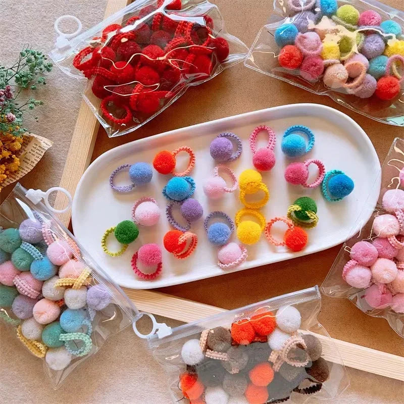 20Pcs Girls Colorful Plush Ball Elastic Hair Bands Kids Hair Ropes Ties Ponytail Rubber Bands Headwear Hair Accessories Gift - TiniLoom