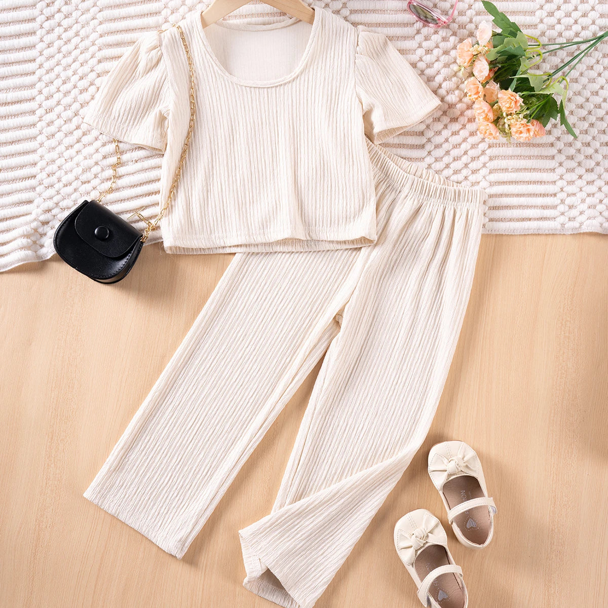 Girls Solid Color Suspenders Summer Suspenders Ruffles + Wide Leg Pants 2 Pieces Dress Set White Cute Elegant Baby Clothes - TiniLoom