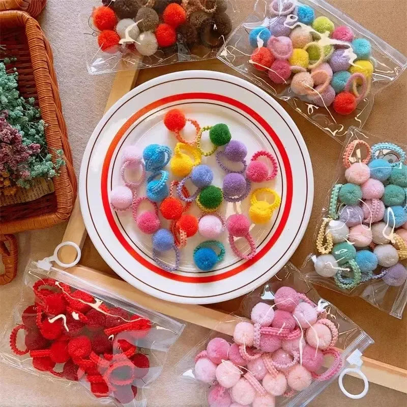 20Pcs Girls Colorful Plush Ball Elastic Hair Bands Kids Hair Ropes Ties Ponytail Rubber Bands Headwear Hair Accessories Gift - TiniLoom