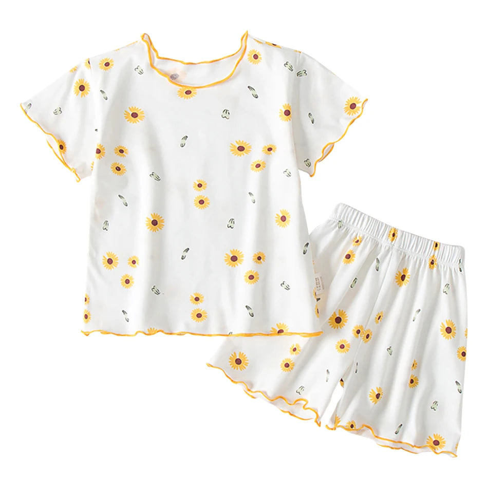 Girls Summer Pajama Sets Stylish Cartoon Pattern Printing Short Sleeve Top and Pants Made from Luxurious Cozy Ice Silk Material - TiniLoom