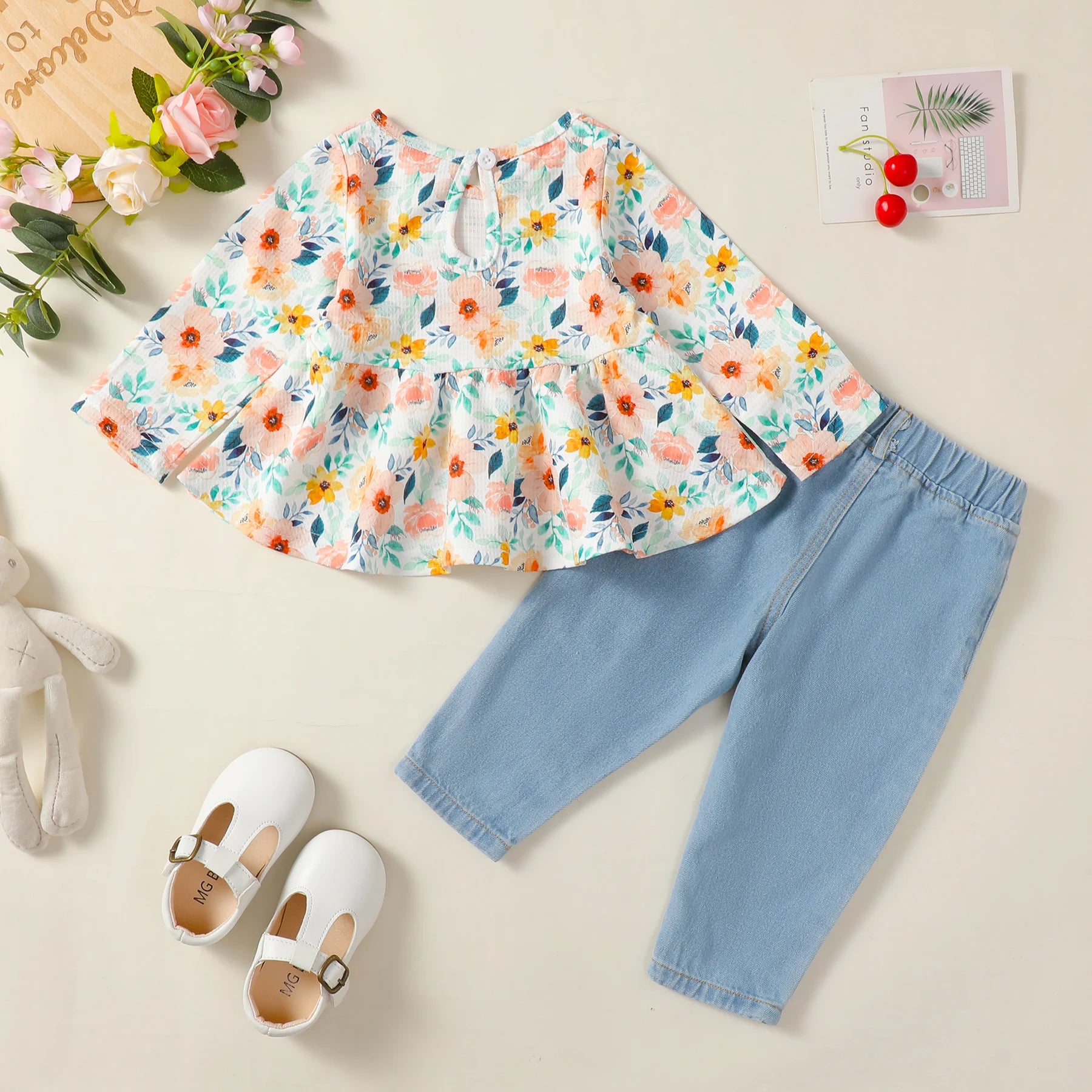 1-4 Years Kids Girls Suit Long Sleeve Flower Ruffle Tops+Elastic Waist Denim Pants 2pcs Set Toddler Girl Clothes Spring Outfit - TiniLoom