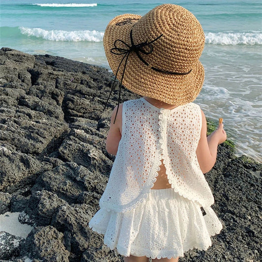 Girls 2024 Summer Clothing Sets Hollow Lace Suit Baby Casual Sleeveless T-shirt+Shorts Kids Clothing Sets Baby Clothes Outfits - TiniLoom