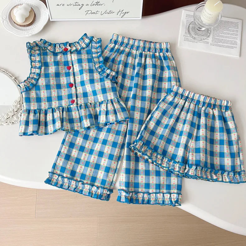 Children's Clothing Sets Blue Plaid Floral Print Sleeveless Top + Wide Leg Pants + Shorts 3 Pcs Sets Kids Clothes for Girls - TiniLoom
